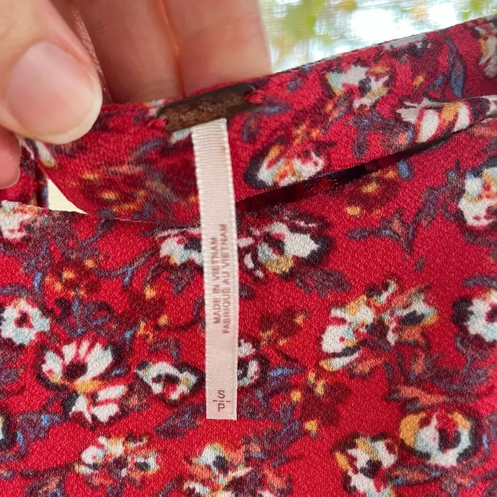 Free People Say Hello Mini Dress Red Floral Long Sleeves Size S